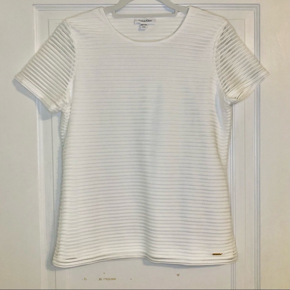 Calvin Klein Sheer Striped Short Sleeve T-Shirt Top White - Picture 2 of 6